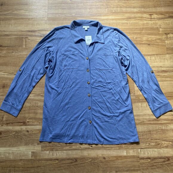 J JILL NWT L Blue Button Up Cotton Modal Tunic Roll Tab Blouse Beachy Lagenlook - Picture 9 of 16